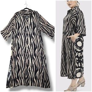 Alembika Shayna Safari Shirt Dress Medium Maxi Pockets Zebra Print Black Tan NEW